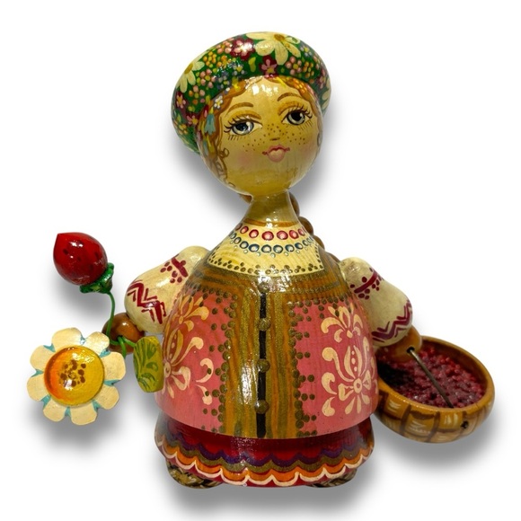 Vintage Russian Folk Art Signed Hand Painted Wooden Doll Figurine - Picture 1 of 12